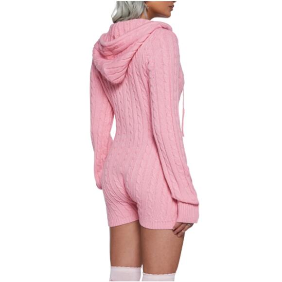 Dolls Kill Women's Pink Intarsia Cable Knit Zipper Romper Size M - Picture 2 of 11